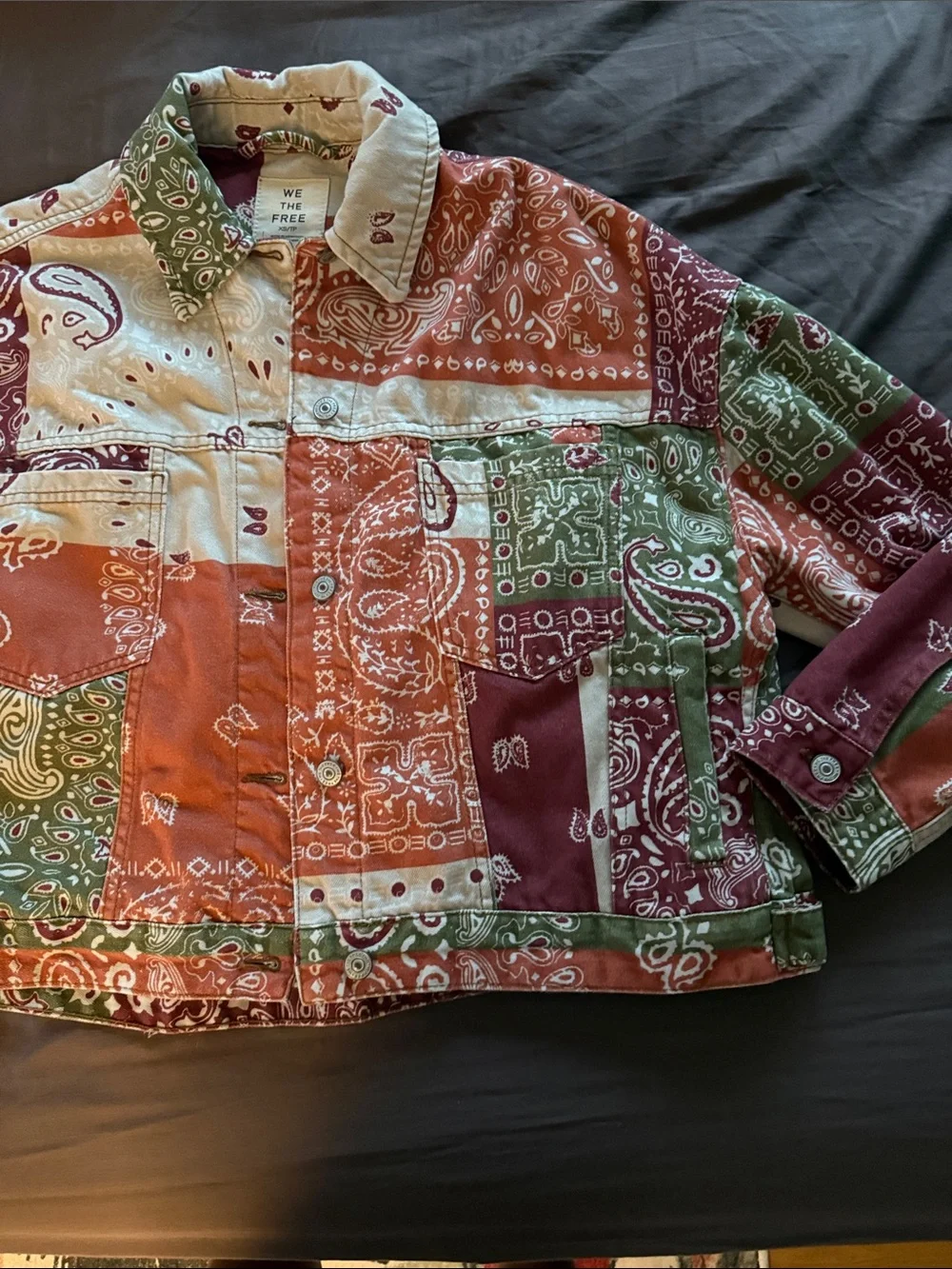 Free People Patchwork Bandana Jean Jacket in Red, Green, Cream - Picture 4 of 6